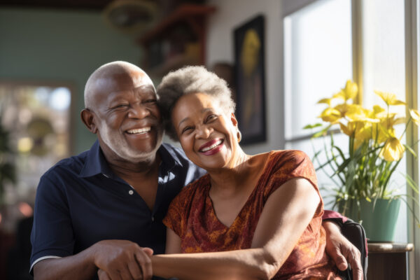 elderly couple at home laughing